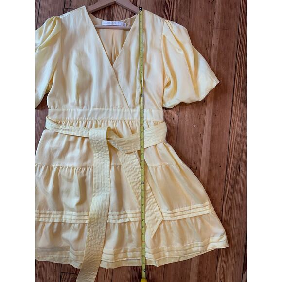 Marie Oliver Silk Cotton Butter Yellow Tie Waist V-Neck Side Zip Short Dress 10 - Picture 6 of 11